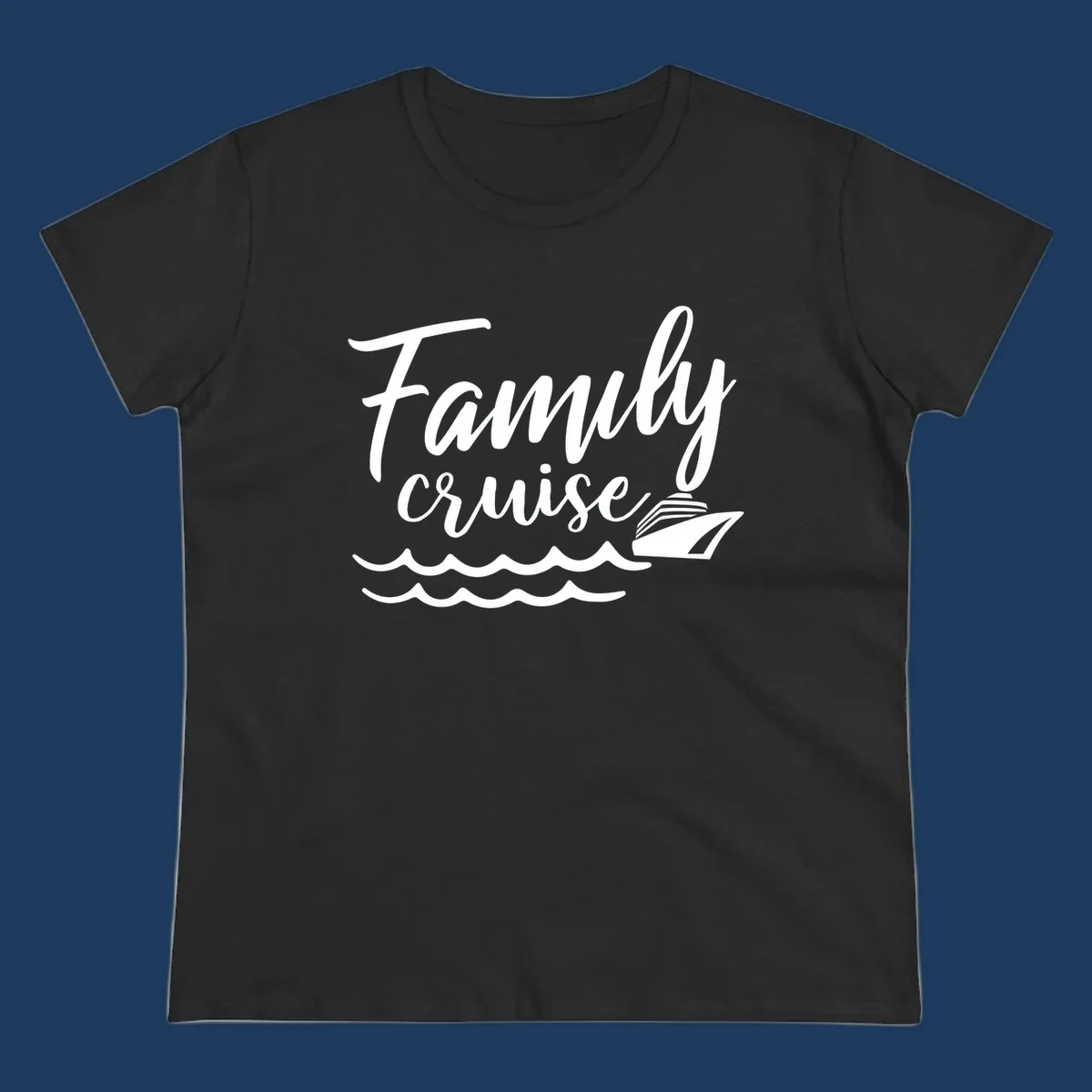 White script text reading Family Cruise with a small cruise ship and ocean waves illustration on gray background
