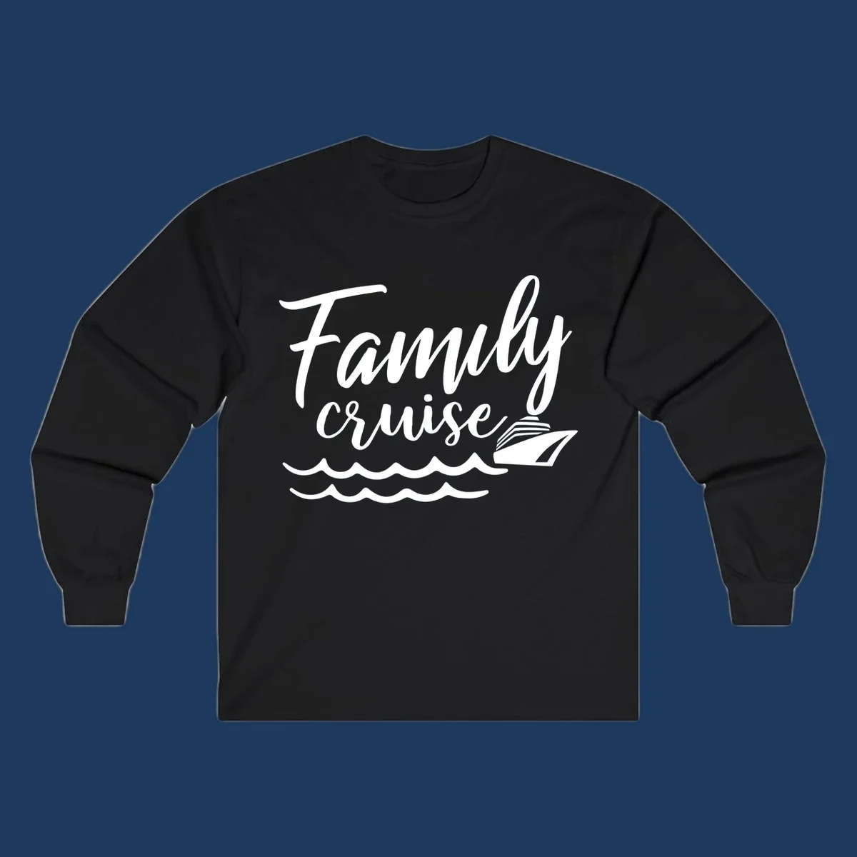 White script text reading Family Cruise with a small cruise ship and ocean waves illustration on gray background