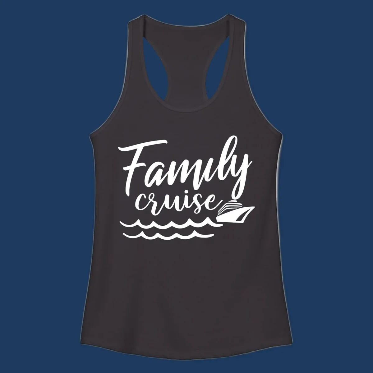 White script text reading Family Cruise with a small cruise ship and ocean waves illustration on gray background