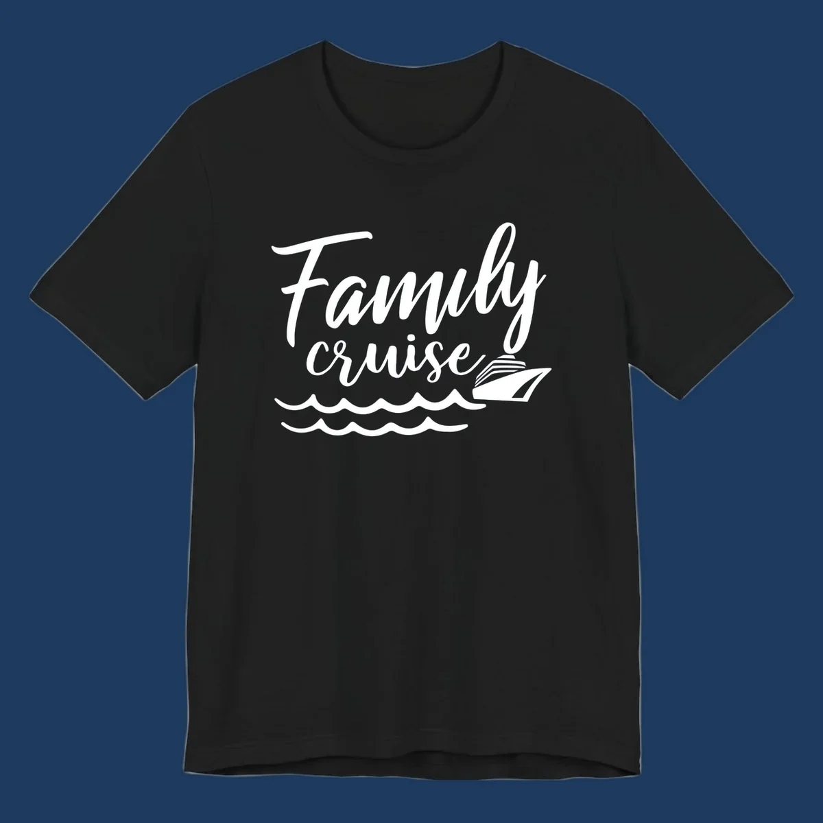 White script text reading Family Cruise with a small cruise ship and ocean waves illustration on gray background