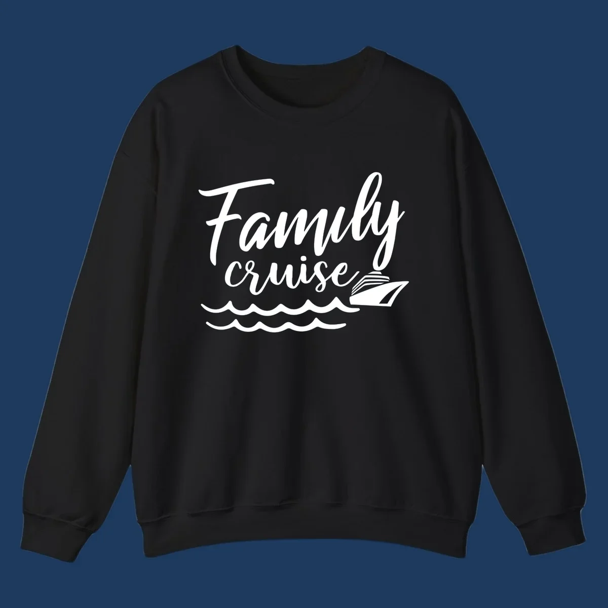 White script text reading Family Cruise with a small cruise ship and ocean waves illustration on gray background