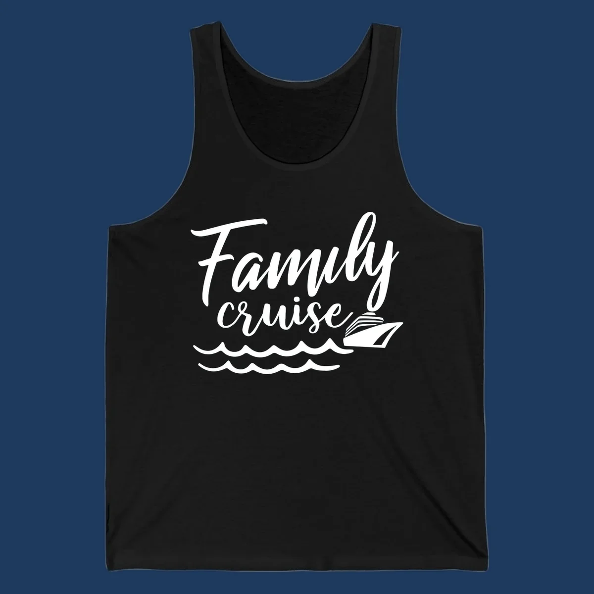 White script text reading Family Cruise with a small cruise ship and ocean waves illustration on gray background