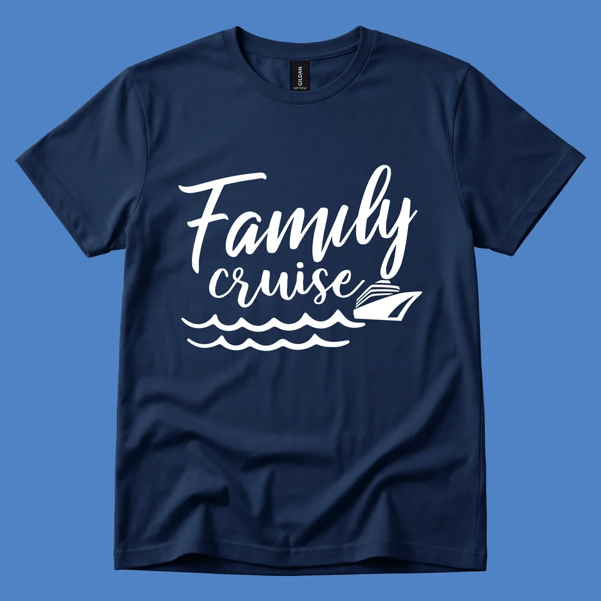 White script text reading Family Cruise with a small cruise ship and ocean waves illustration on gray background