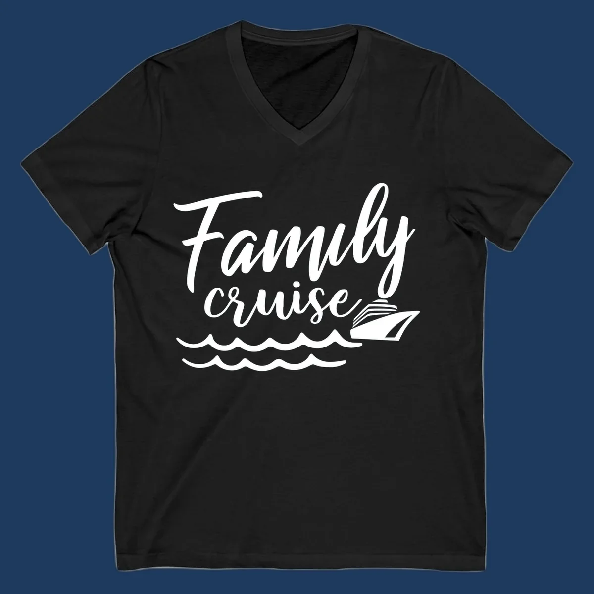 White script text reading Family Cruise with a small cruise ship and ocean waves illustration on gray background