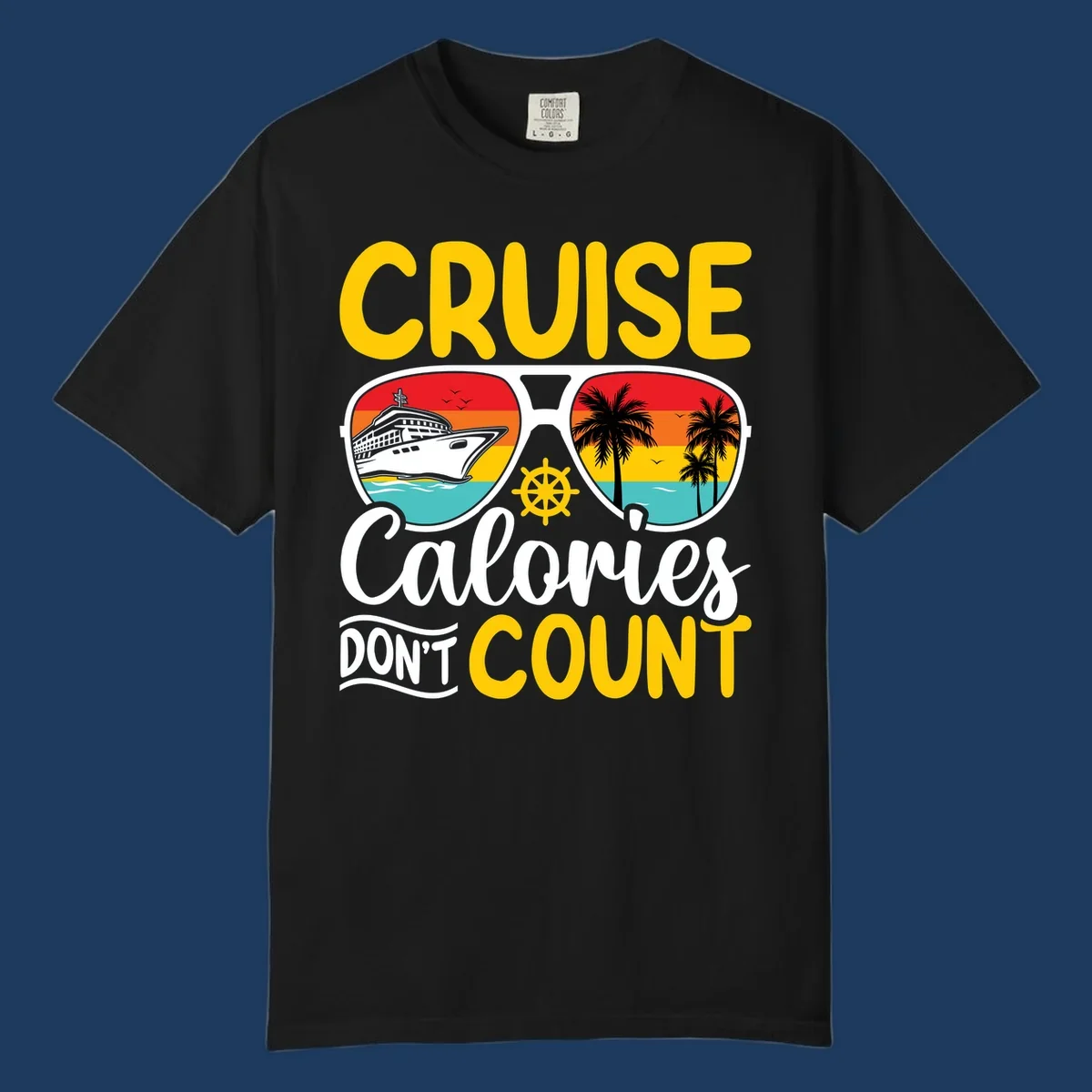 Retro sunglasses design with cruise ship and palm trees showing cruise calories don't count humorous vacation graphic