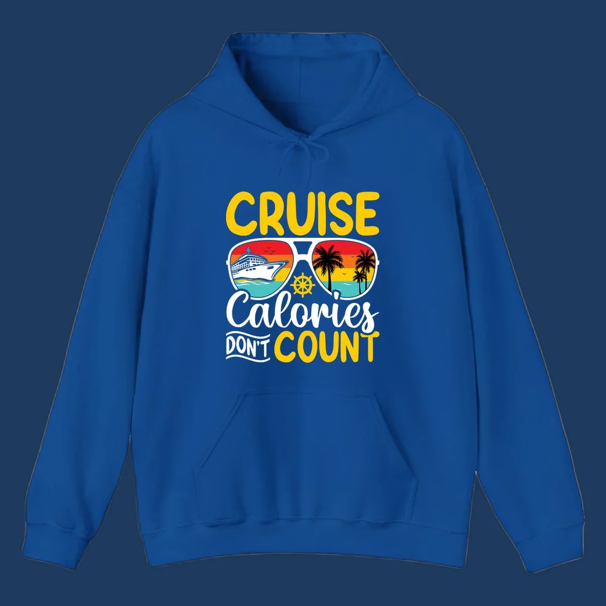 Retro sunglasses design with cruise ship and palm trees showing cruise calories don't count humorous vacation graphic
