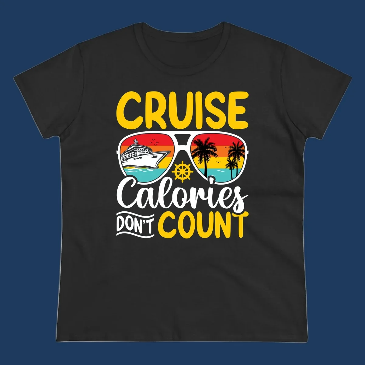 Retro sunglasses design with cruise ship and palm trees showing cruise calories don't count humorous vacation graphic