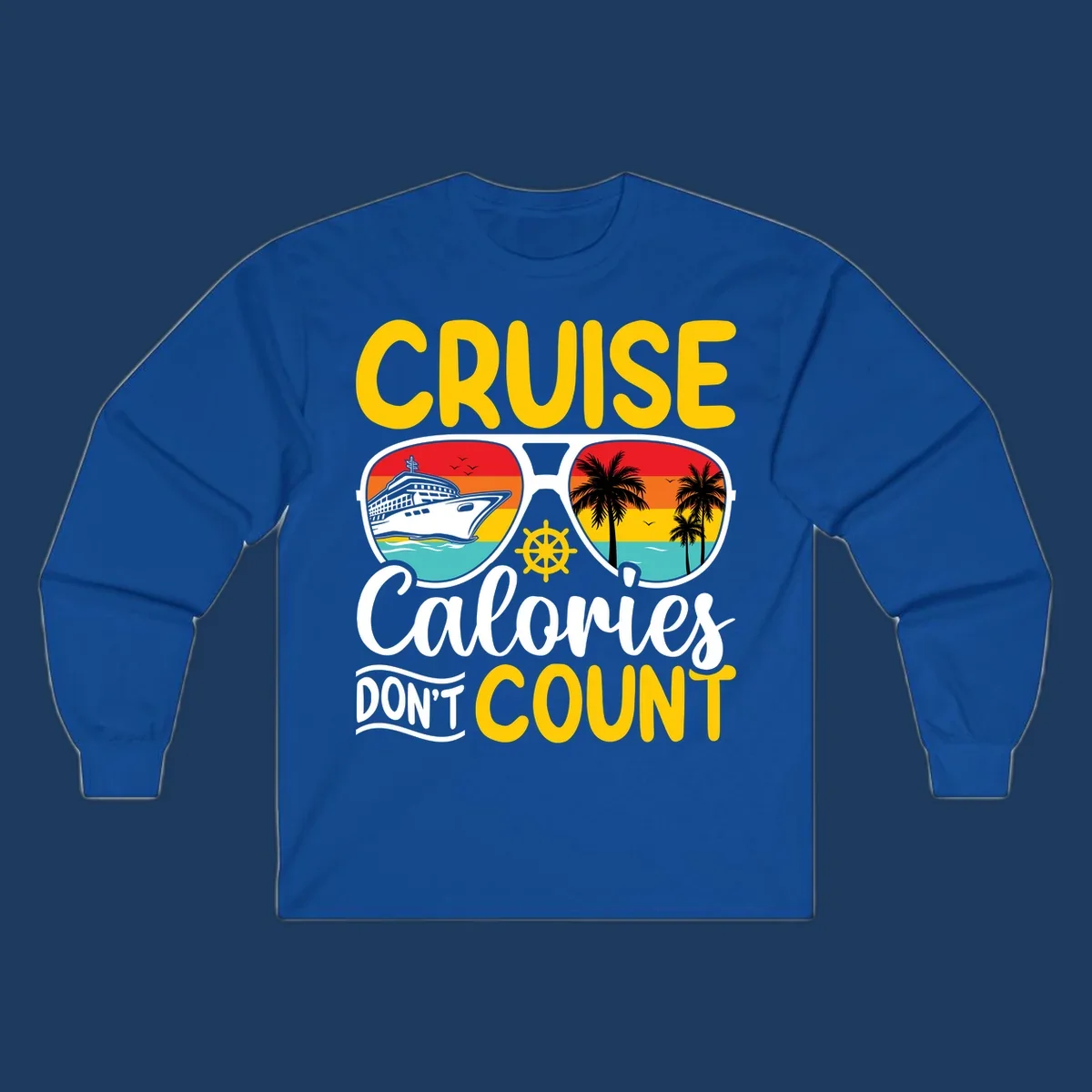 Retro sunglasses design with cruise ship and palm trees showing cruise calories don't count humorous vacation graphic