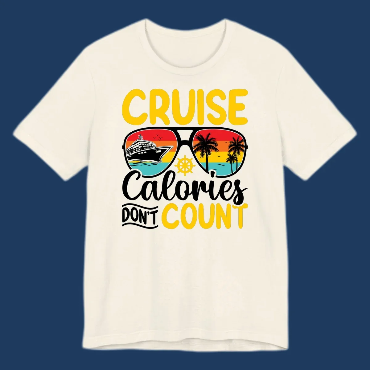 Retro sunglasses design with cruise ship and palm trees showing cruise calories don't count humorous vacation graphic