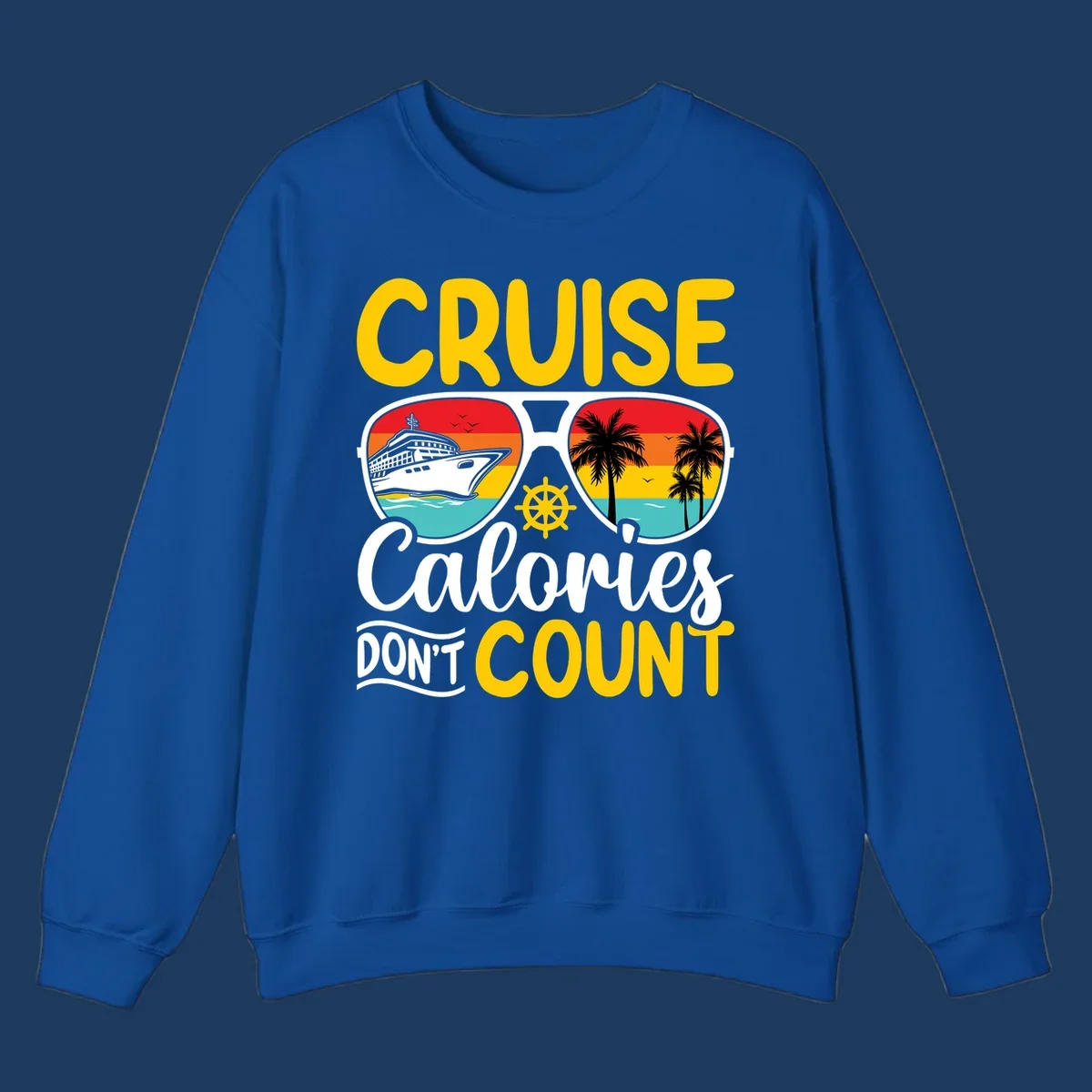 Retro sunglasses design with cruise ship and palm trees showing cruise calories don't count humorous vacation graphic