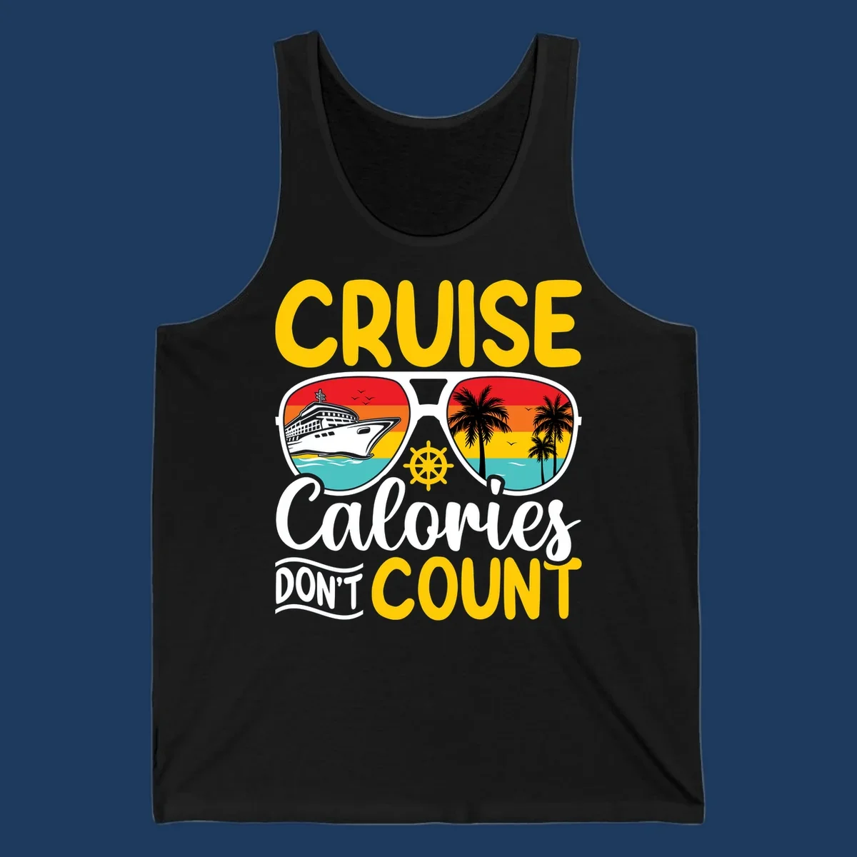 Retro sunglasses design with cruise ship and palm trees showing cruise calories don't count humorous vacation graphic
