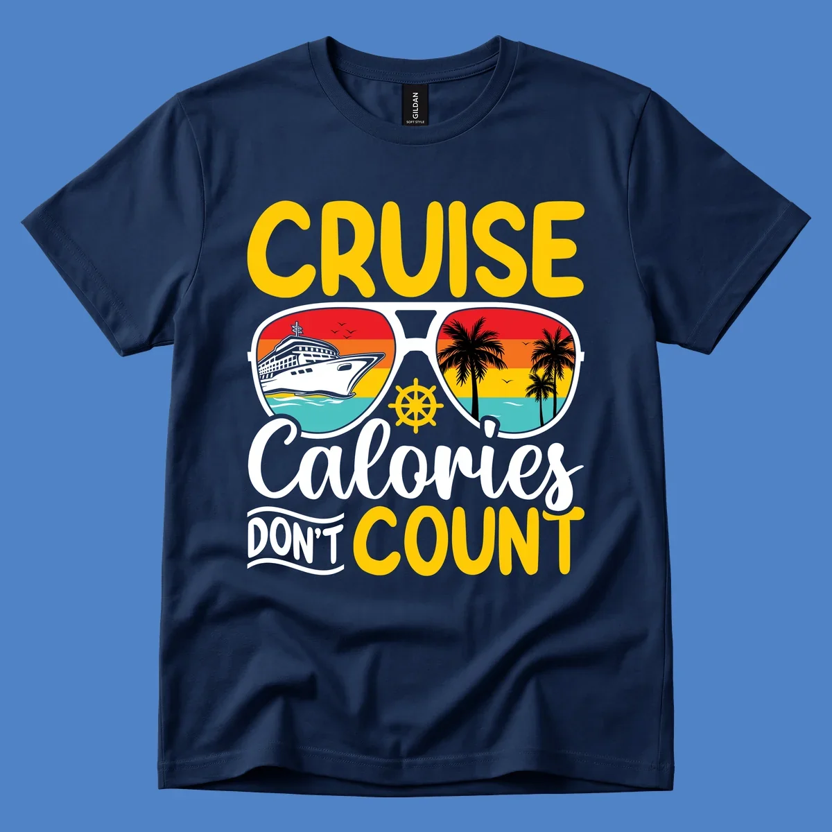 Retro sunglasses design with cruise ship and palm trees showing cruise calories don't count humorous vacation graphic