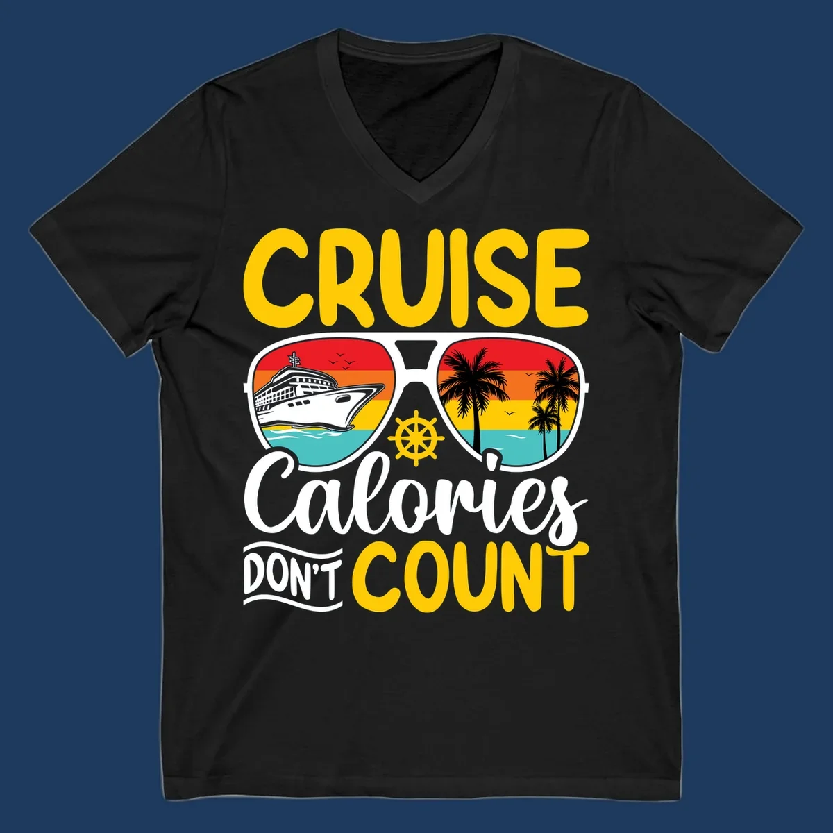 Retro sunglasses design with cruise ship and palm trees showing cruise calories don't count humorous vacation graphic
