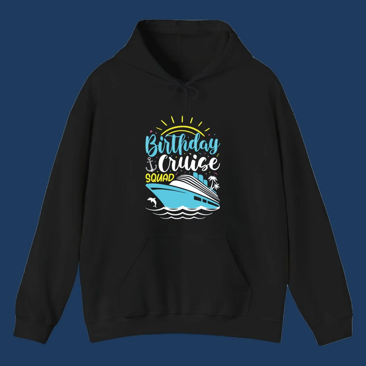 Colorful birthday cruise squad design with cruise ship, ocean waves, sun, anchor, dolphin, and palm trees on gray background
