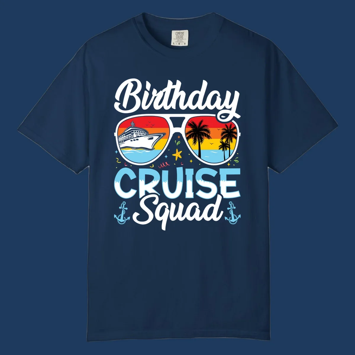 Sunglasses-shaped design with cruise ship and tropical palm tree scenes, 'Birthday CRUISE Squad' text with confetti and nautical elements
