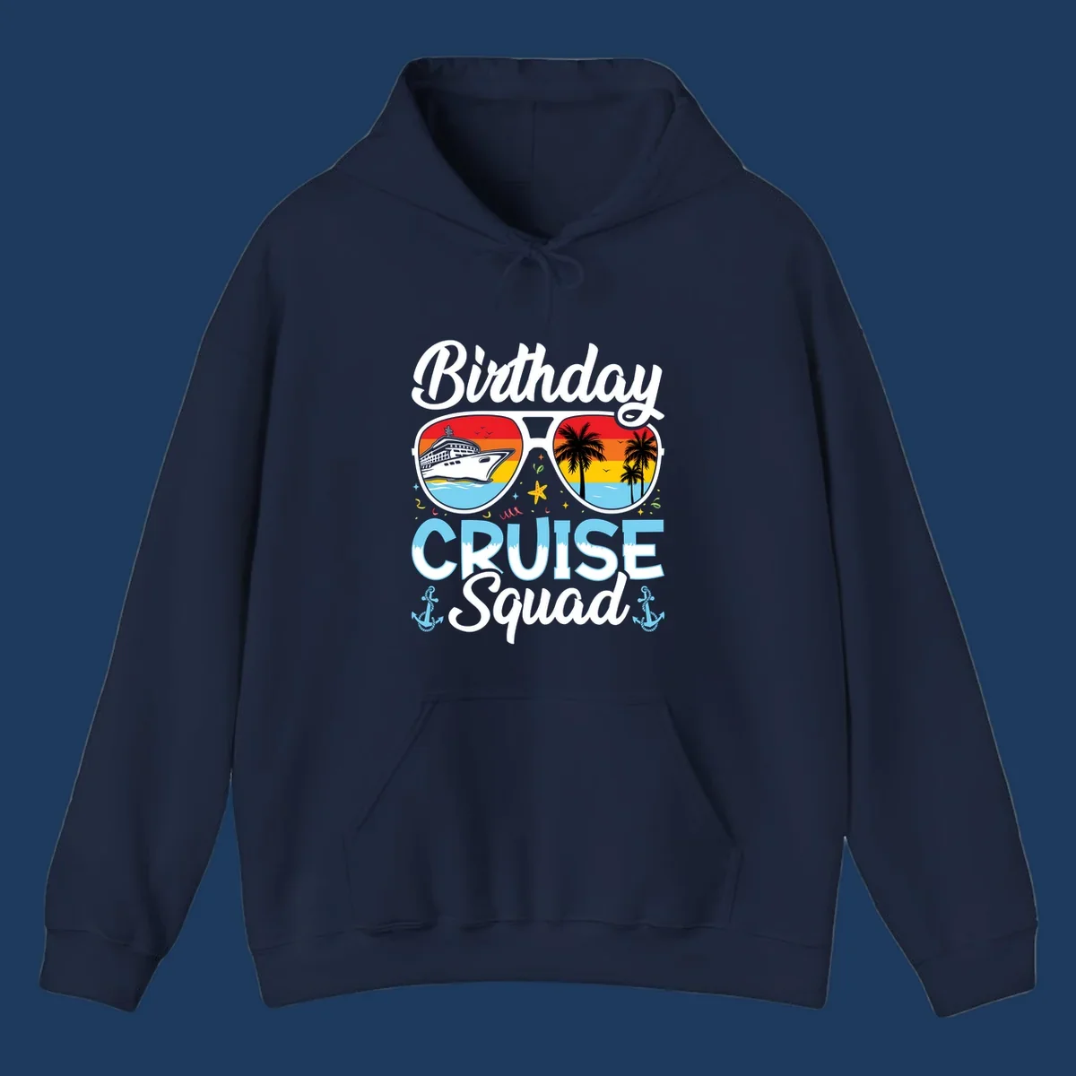 Sunglasses-shaped design with cruise ship and tropical palm tree scenes, 'Birthday CRUISE Squad' text with confetti and nautical elements