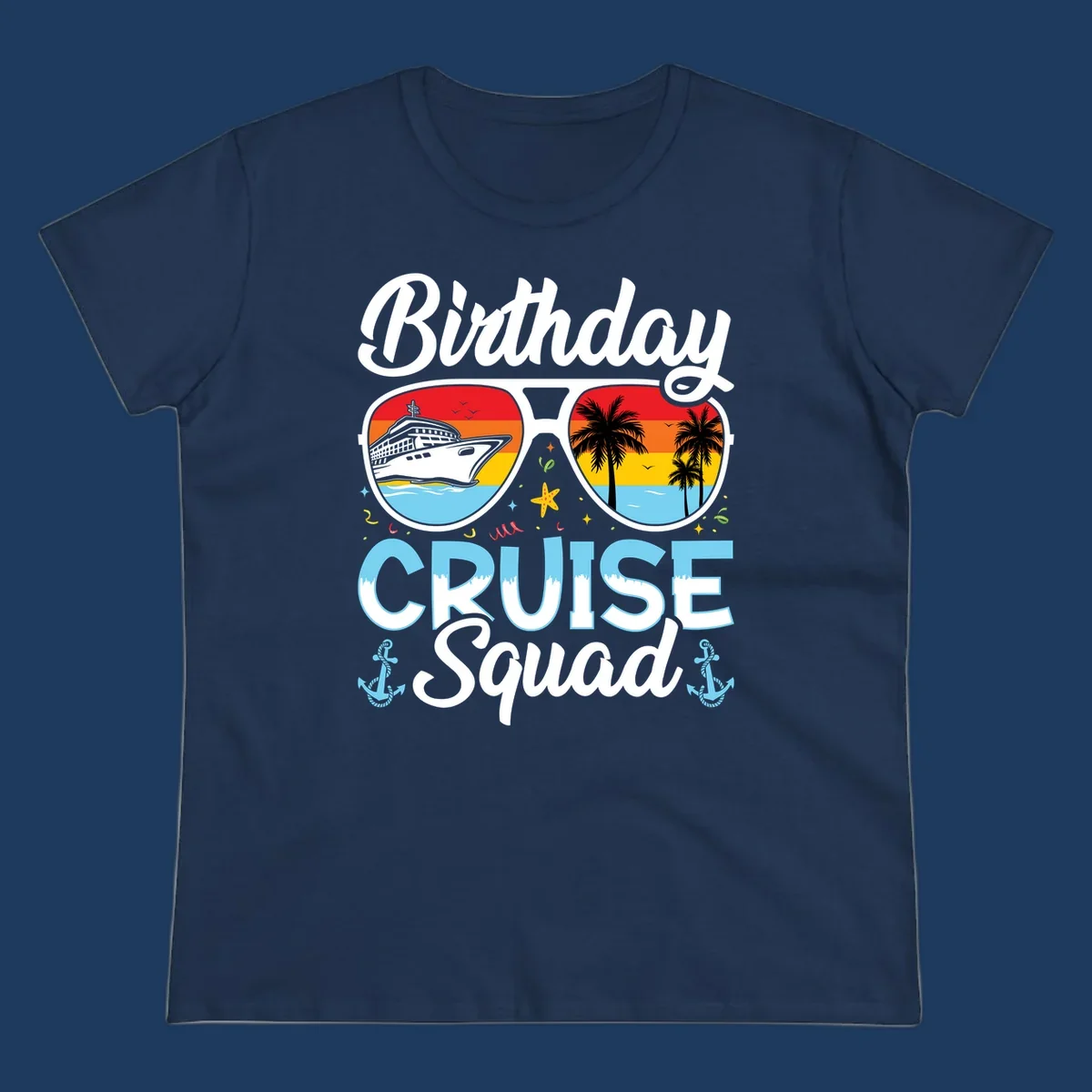 Sunglasses-shaped design with cruise ship and tropical palm tree scenes, 'Birthday CRUISE Squad' text with confetti and nautical elements