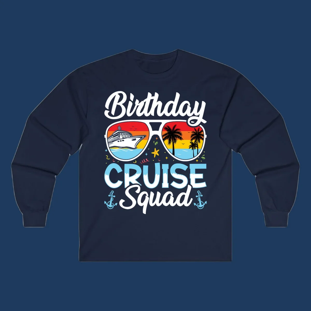 Sunglasses-shaped design with cruise ship and tropical palm tree scenes, 'Birthday CRUISE Squad' text with confetti and nautical elements