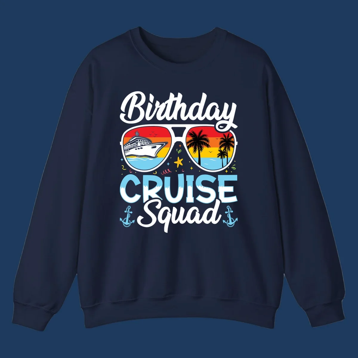 Sunglasses-shaped design with cruise ship and tropical palm tree scenes, 'Birthday CRUISE Squad' text with confetti and nautical elements