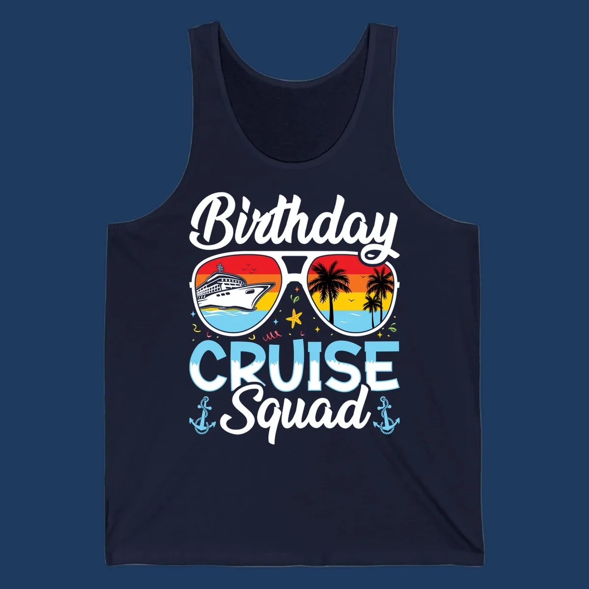 Sunglasses-shaped design with cruise ship and tropical palm tree scenes, 'Birthday CRUISE Squad' text with confetti and nautical elements