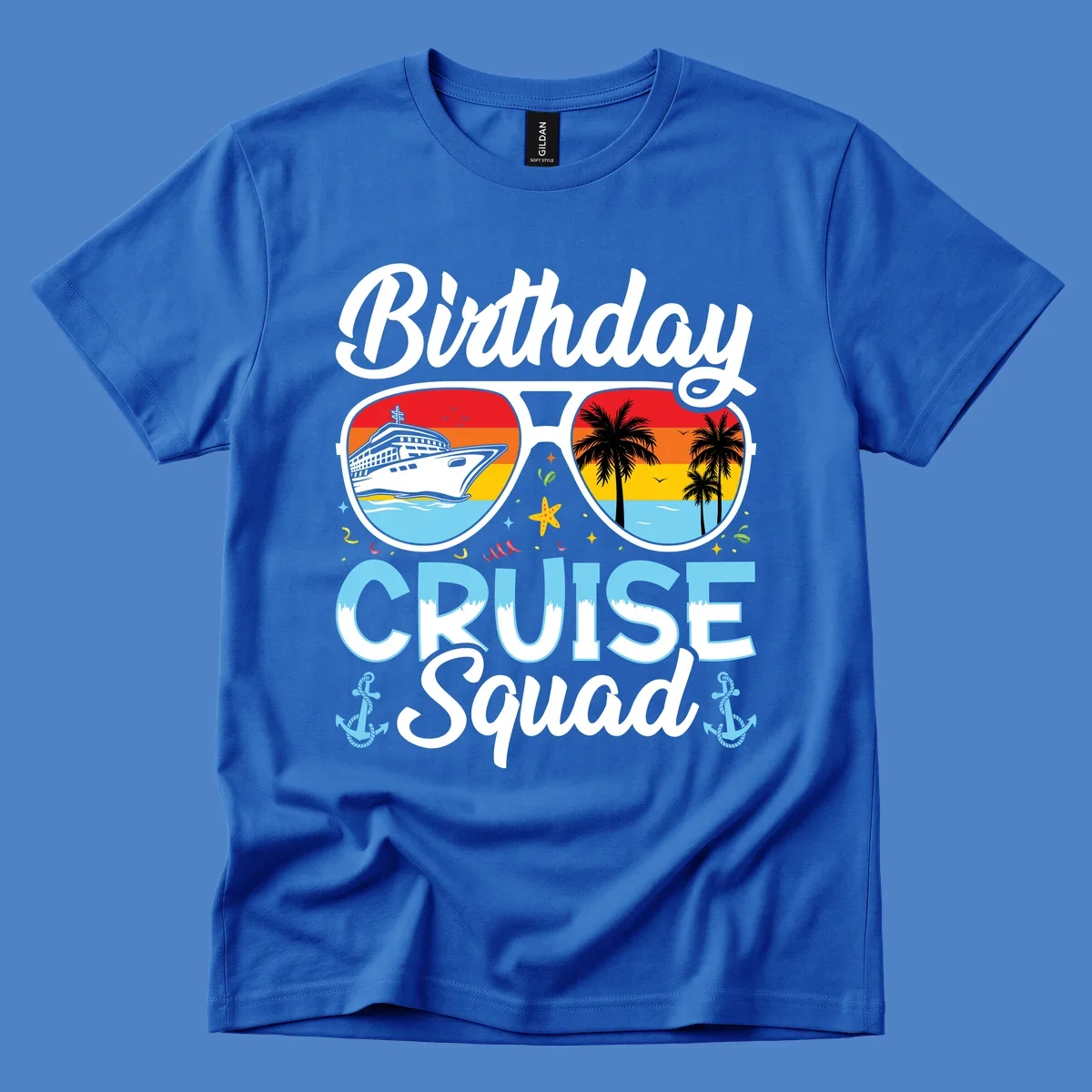 Sunglasses-shaped design with cruise ship and tropical palm tree scenes, 'Birthday CRUISE Squad' text with confetti and nautical elements