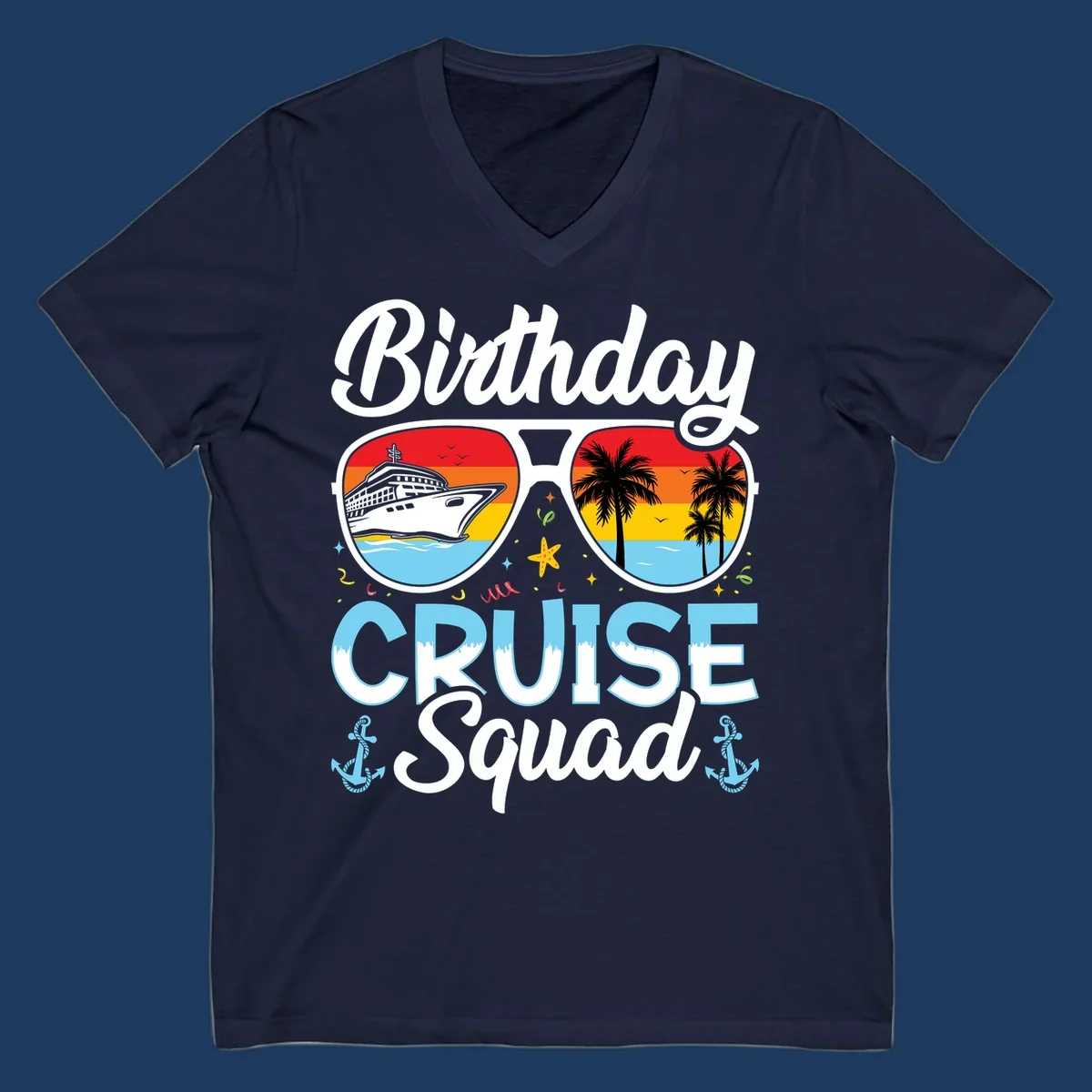 Sunglasses-shaped design with cruise ship and tropical palm tree scenes, 'Birthday CRUISE Squad' text with confetti and nautical elements