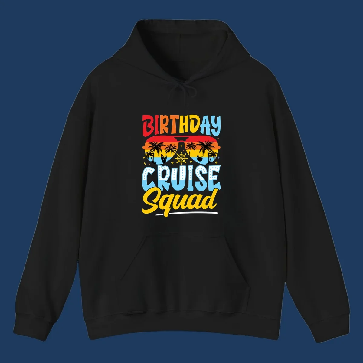 Birthday Cruise Squad design with tropical sunglasses, palm trees, ship wheel, and colorful text on gray background