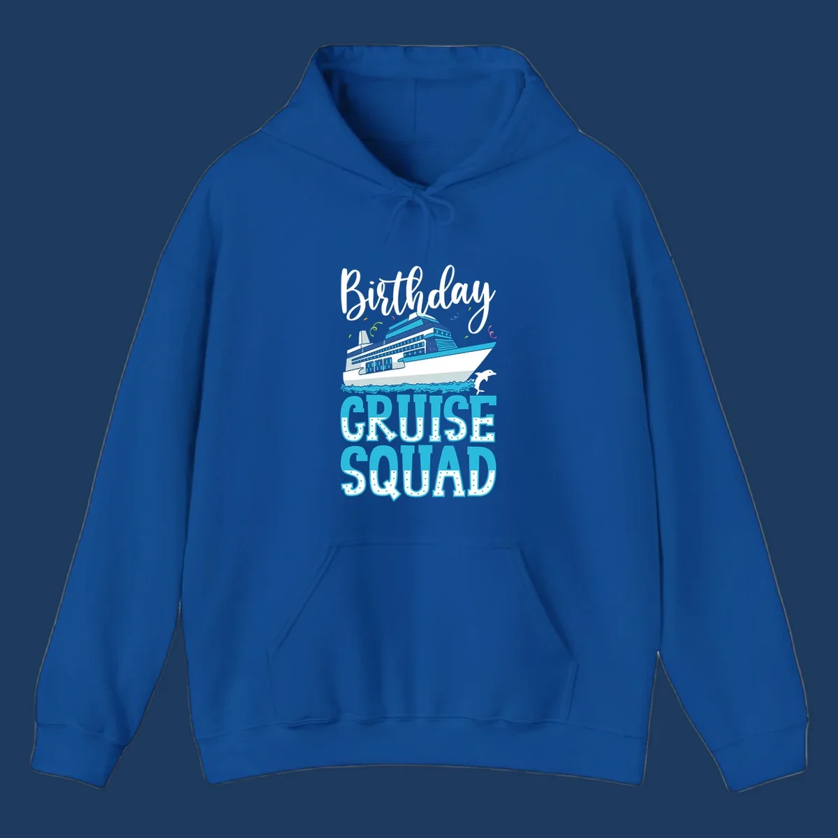 Birthday Cruise Squad design with large cruise ship, ocean waves, dolphin, and bold polka-dot text on gray background