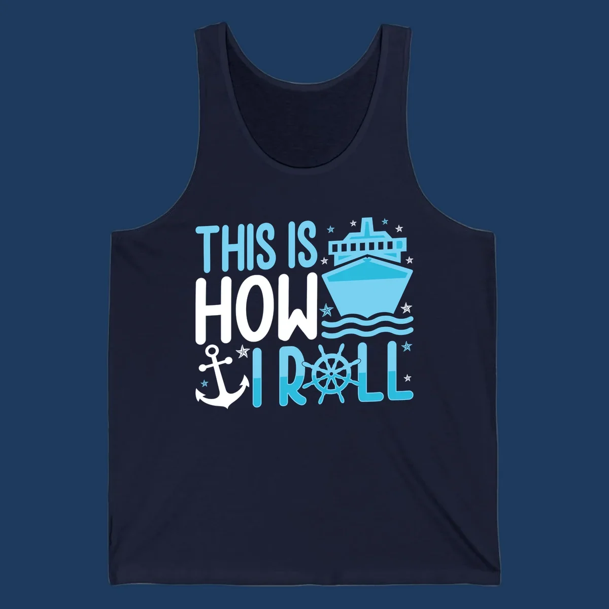 How I Roll Cruise design with ship wheel, anchor, cruise ship, and ocean waves on gray background