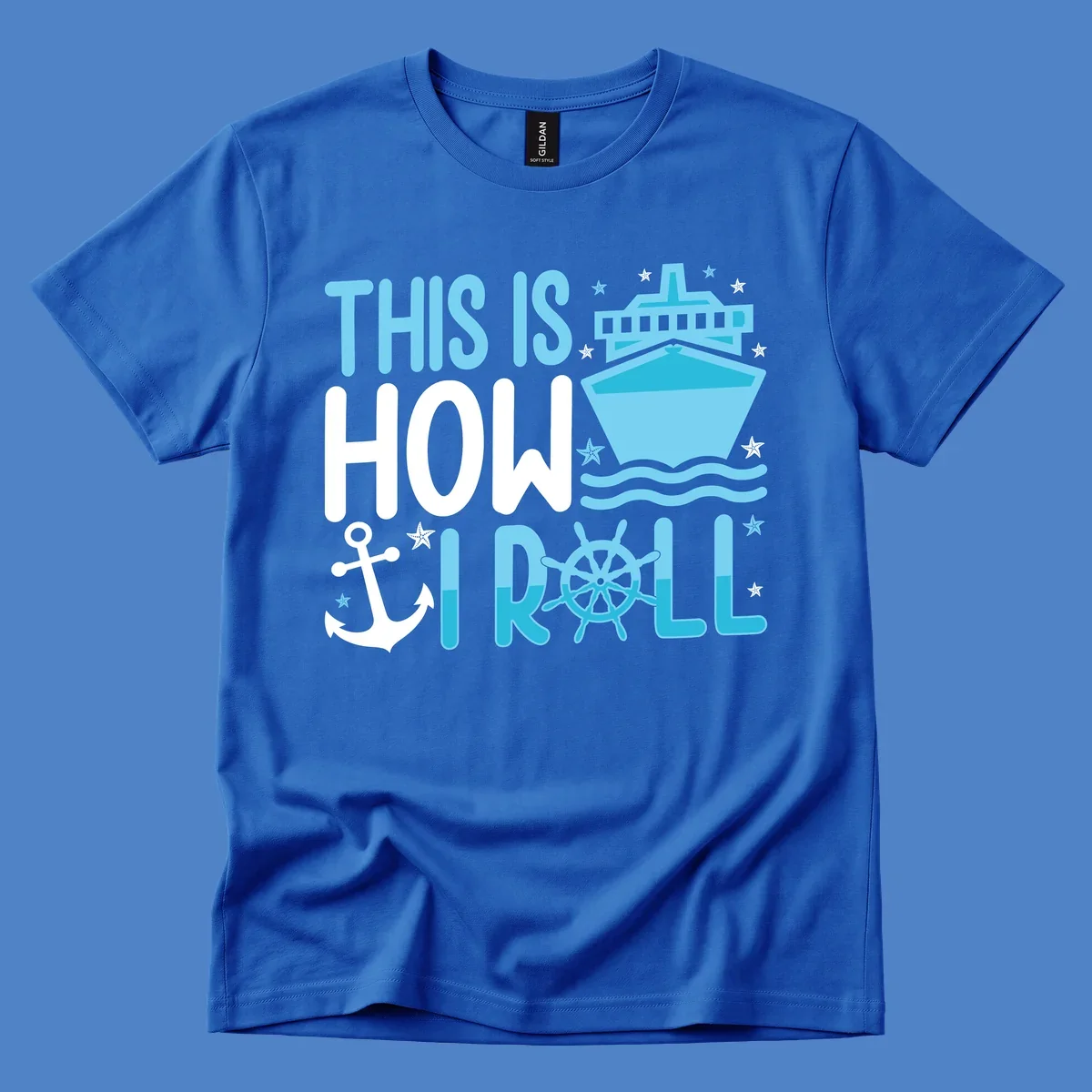 How I Roll Cruise design with ship wheel, anchor, cruise ship, and ocean waves on gray background