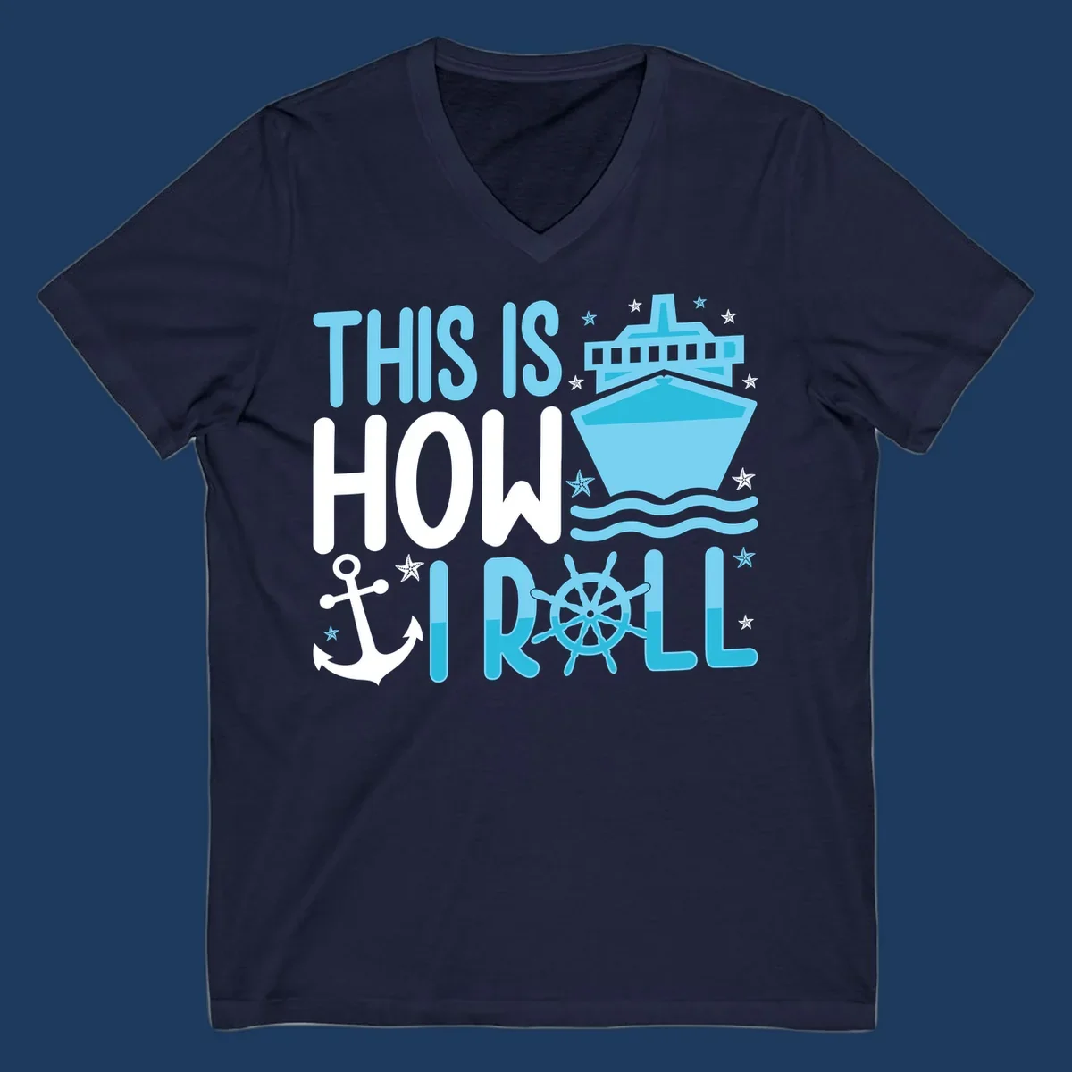 How I Roll Cruise design with ship wheel, anchor, cruise ship, and ocean waves on gray background
