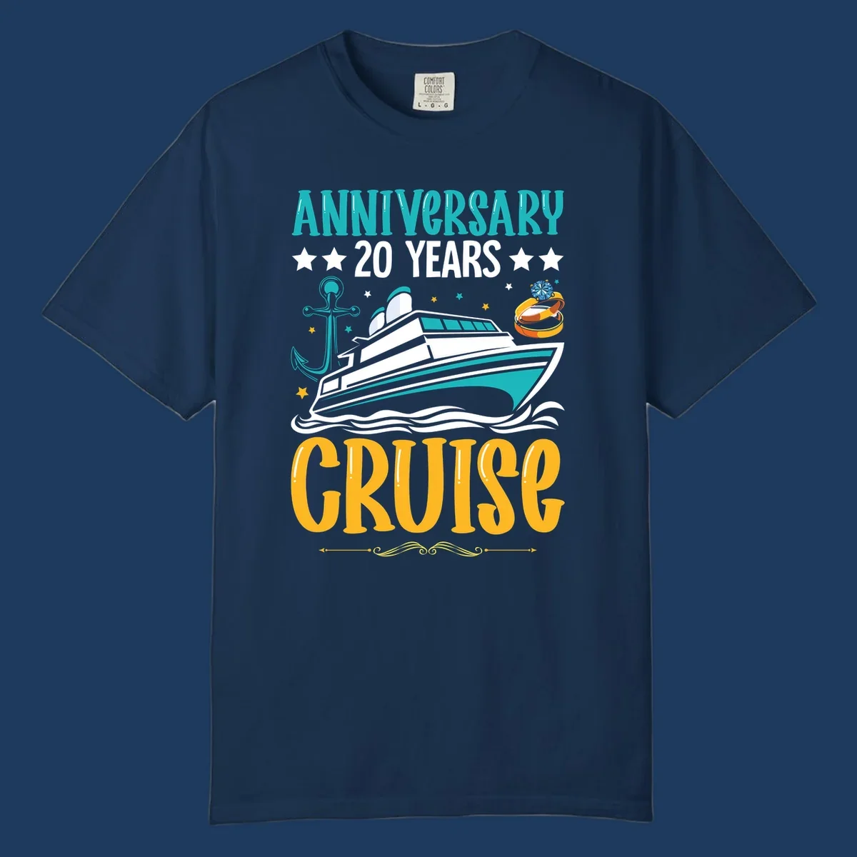 Anniversary 20 years cruise design with luxury yacht, anchor, wedding rings, and ocean waves on gray background