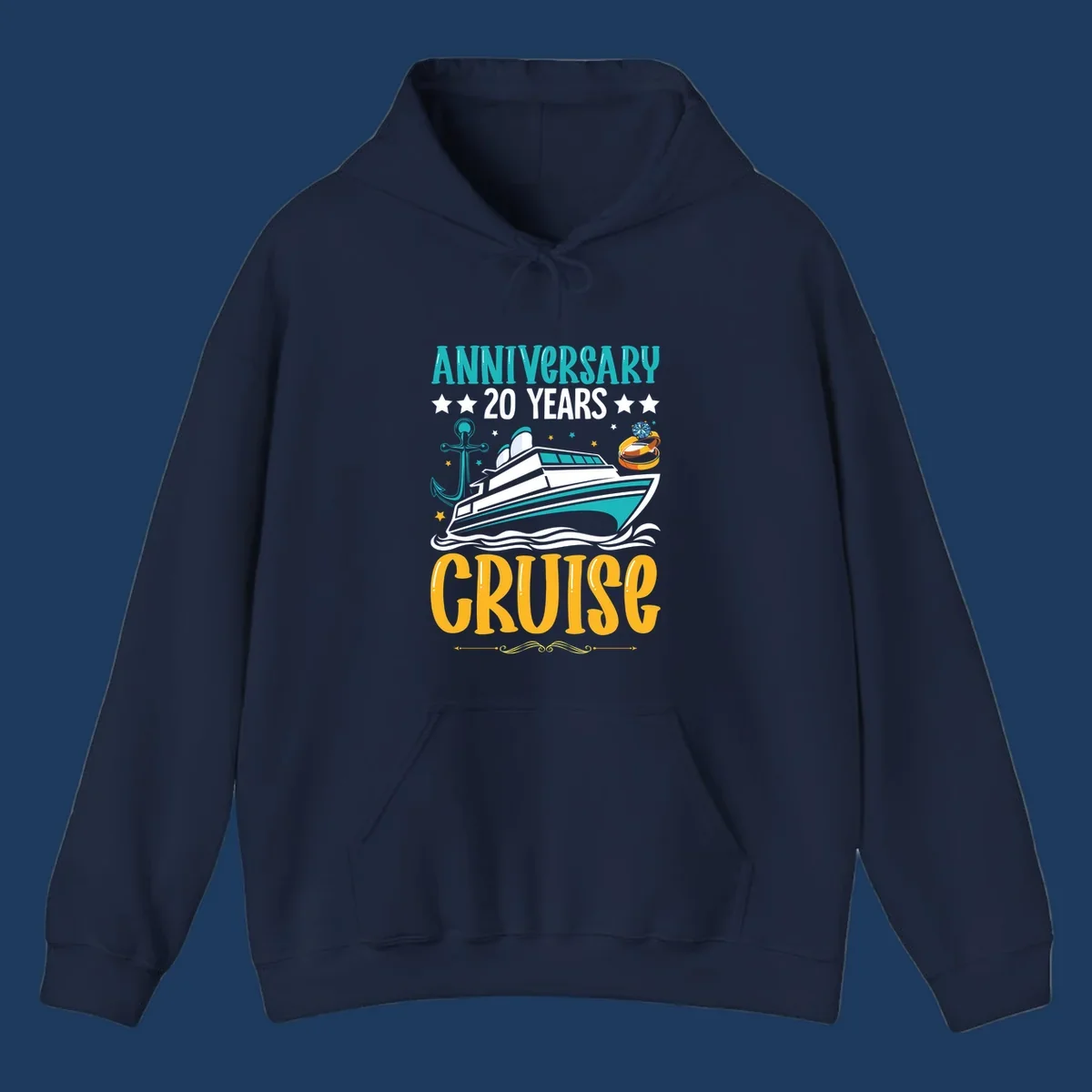 Anniversary 20 years cruise design with luxury yacht, anchor, wedding rings, and ocean waves on gray background