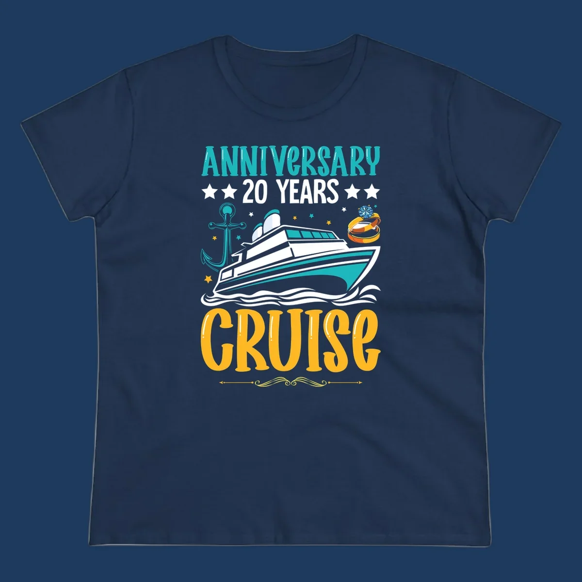 Anniversary 20 years cruise design with luxury yacht, anchor, wedding rings, and ocean waves on gray background