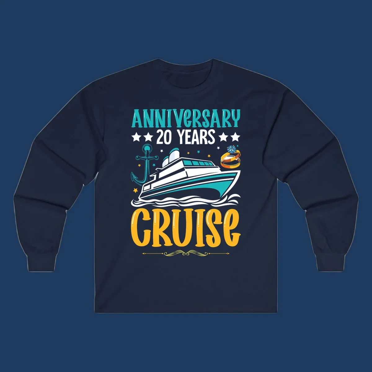 Anniversary 20 years cruise design with luxury yacht, anchor, wedding rings, and ocean waves on gray background