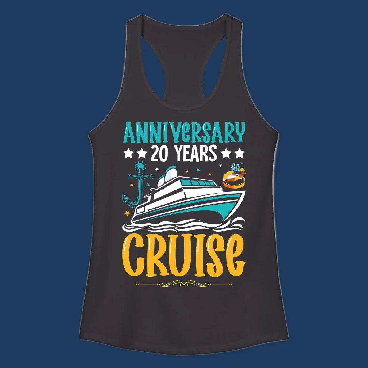 Anniversary 20 years cruise design with luxury yacht, anchor, wedding rings, and ocean waves on gray background
