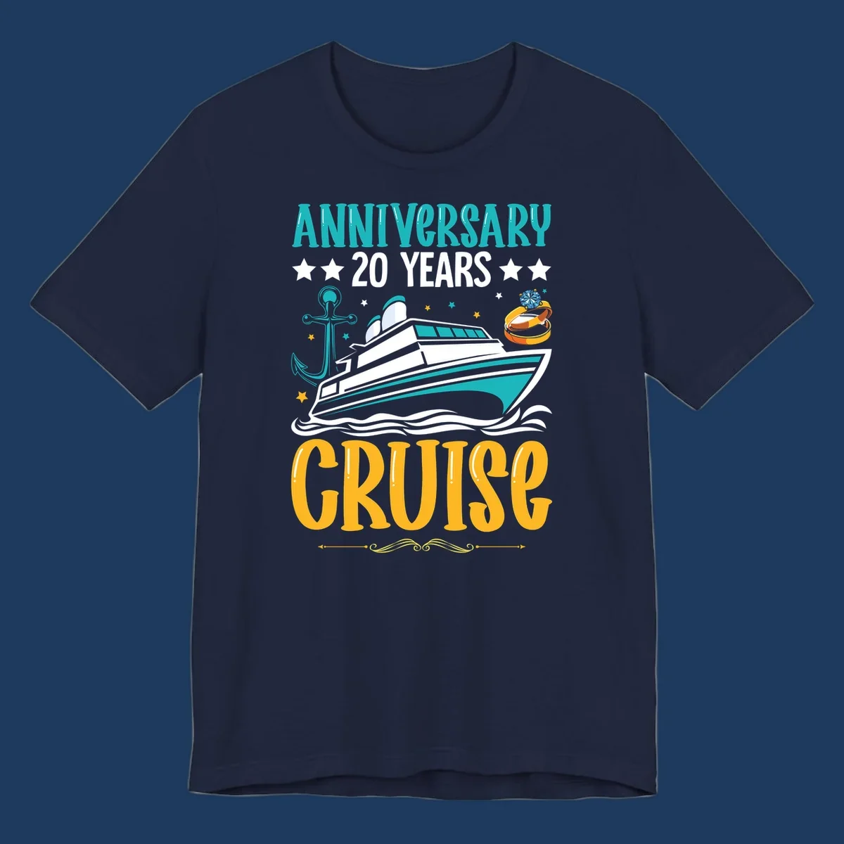 Anniversary 20 years cruise design with luxury yacht, anchor, wedding rings, and ocean waves on gray background