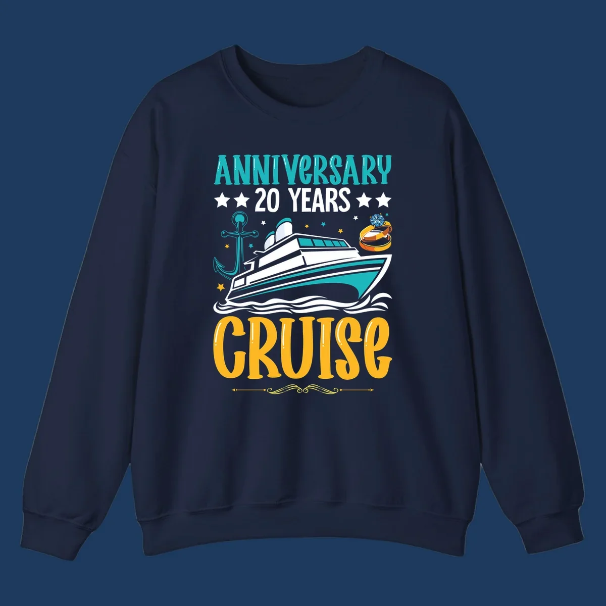 Anniversary 20 years cruise design with luxury yacht, anchor, wedding rings, and ocean waves on gray background