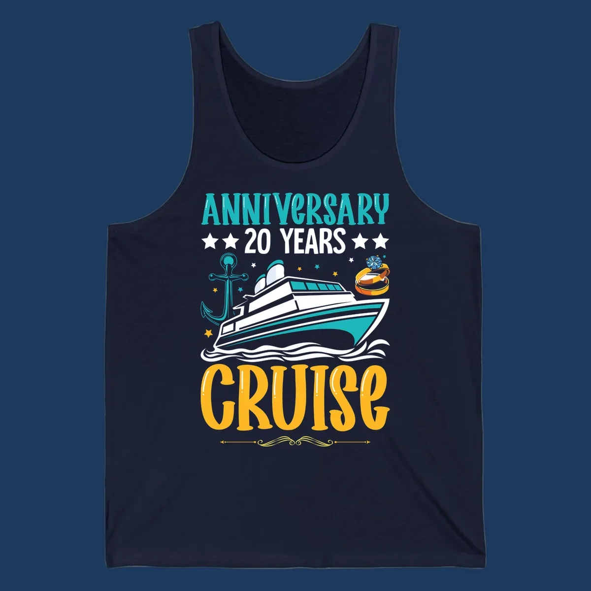 Anniversary 20 years cruise design with luxury yacht, anchor, wedding rings, and ocean waves on gray background