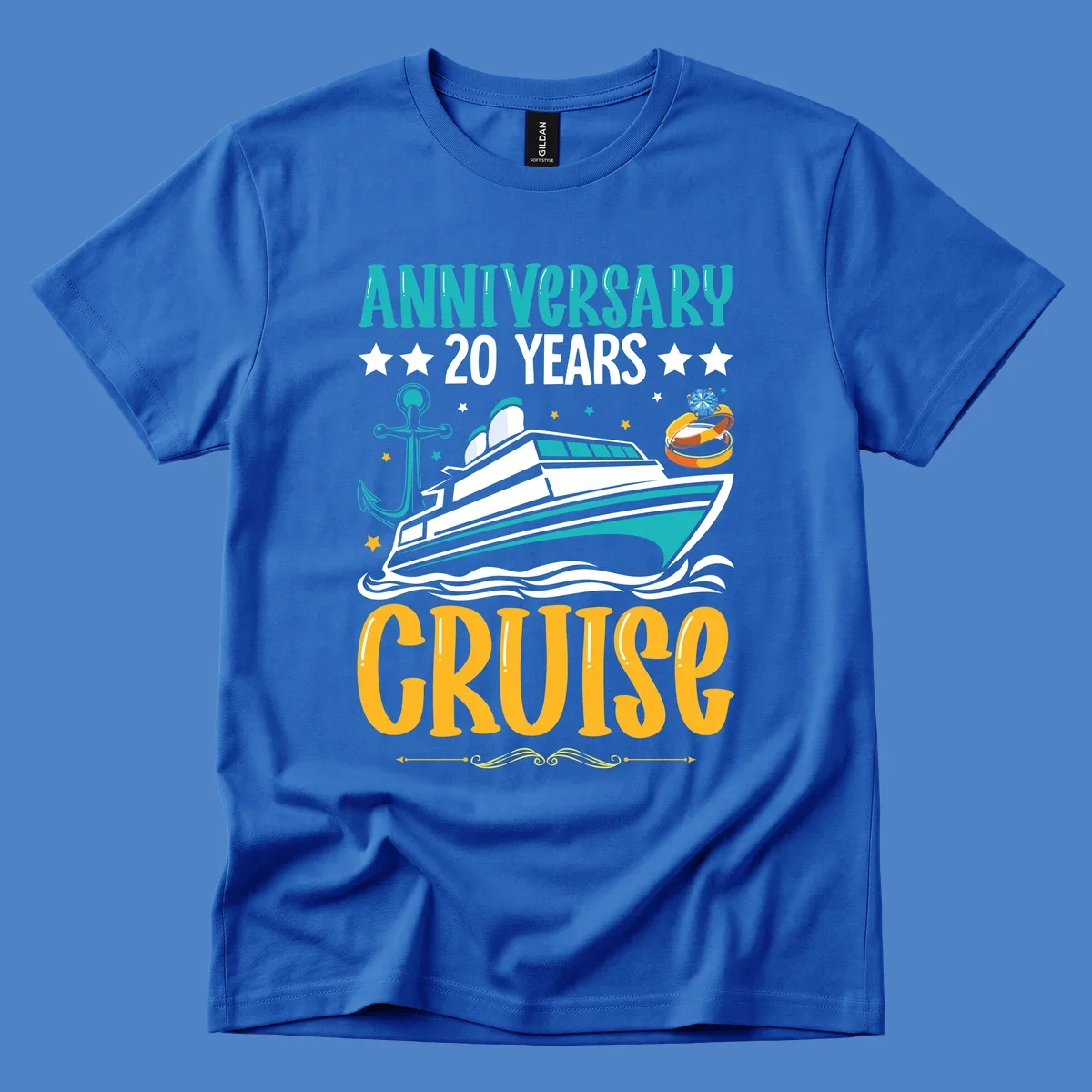 Anniversary 20 years cruise design with luxury yacht, anchor, wedding rings, and ocean waves on gray background