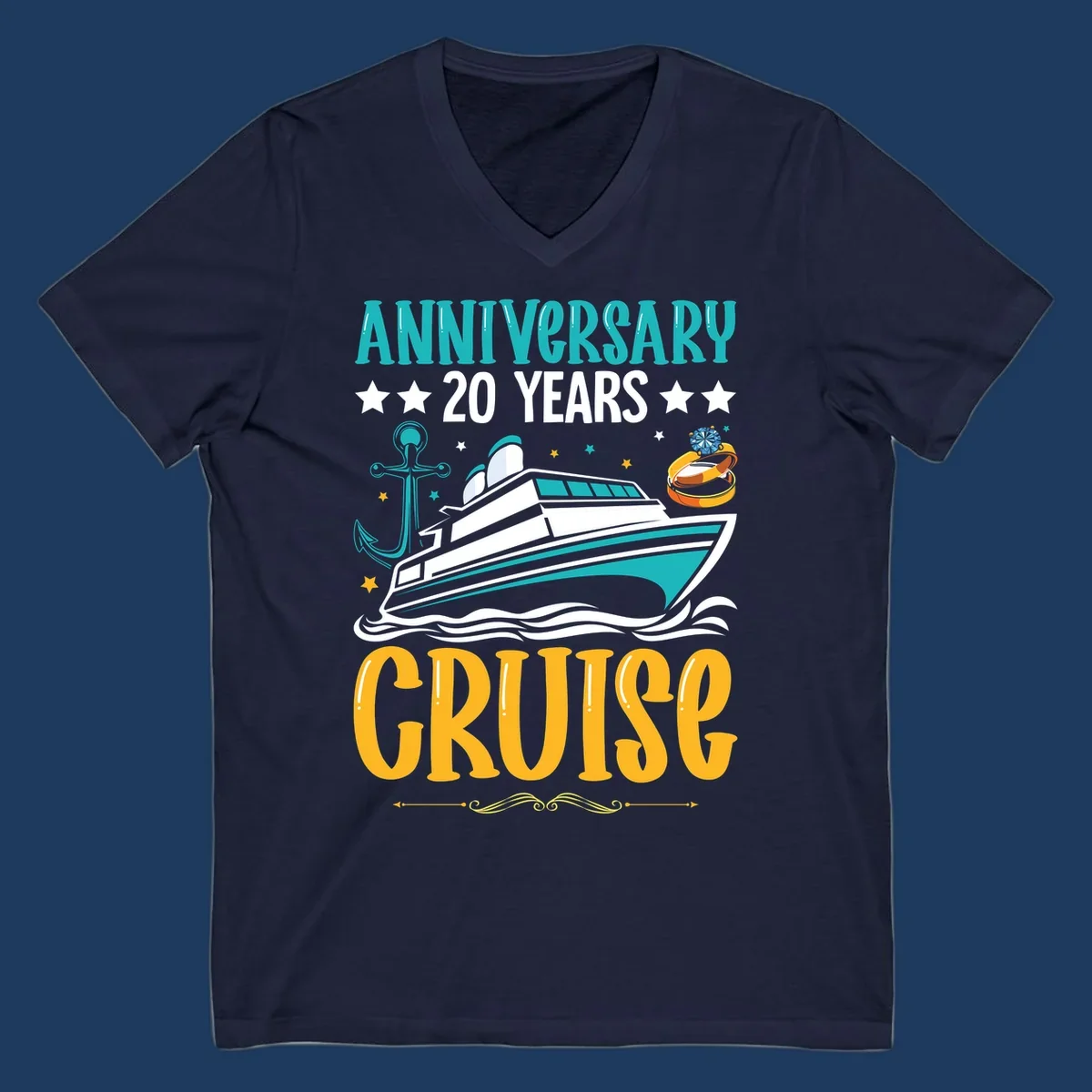 Anniversary 20 years cruise design with luxury yacht, anchor, wedding rings, and ocean waves on gray background
