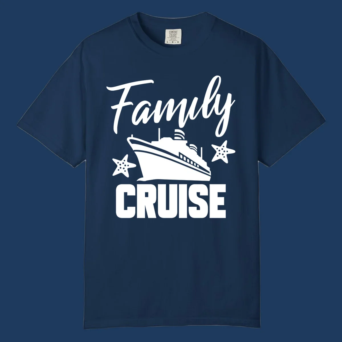 Family cruise ship design with starfish and ocean liner illustration in white on gray background