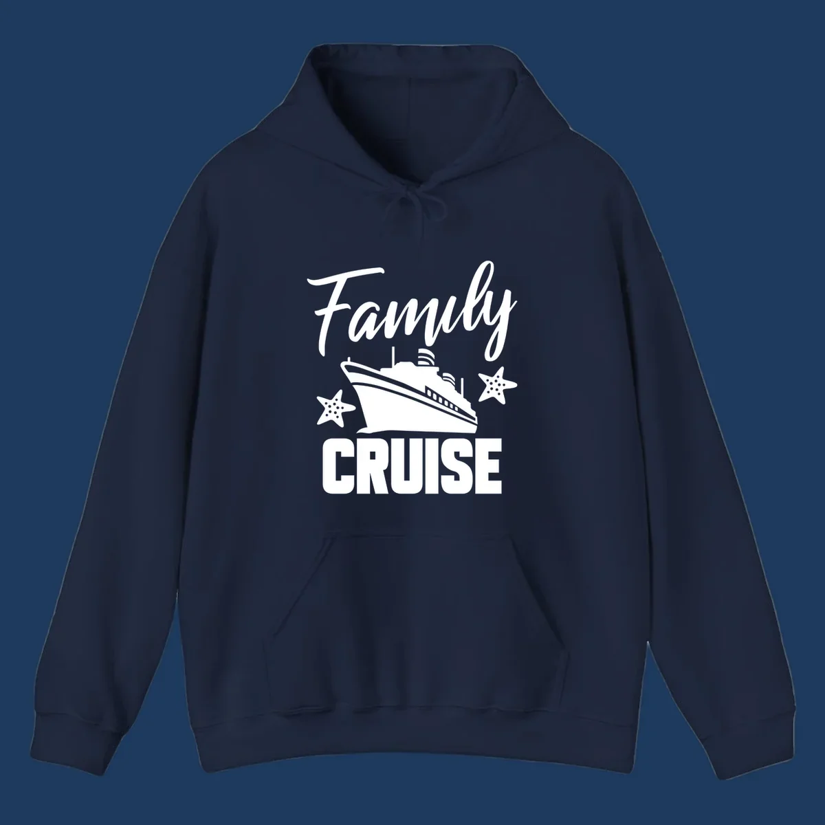 Family cruise ship design with starfish and ocean liner illustration in white on gray background