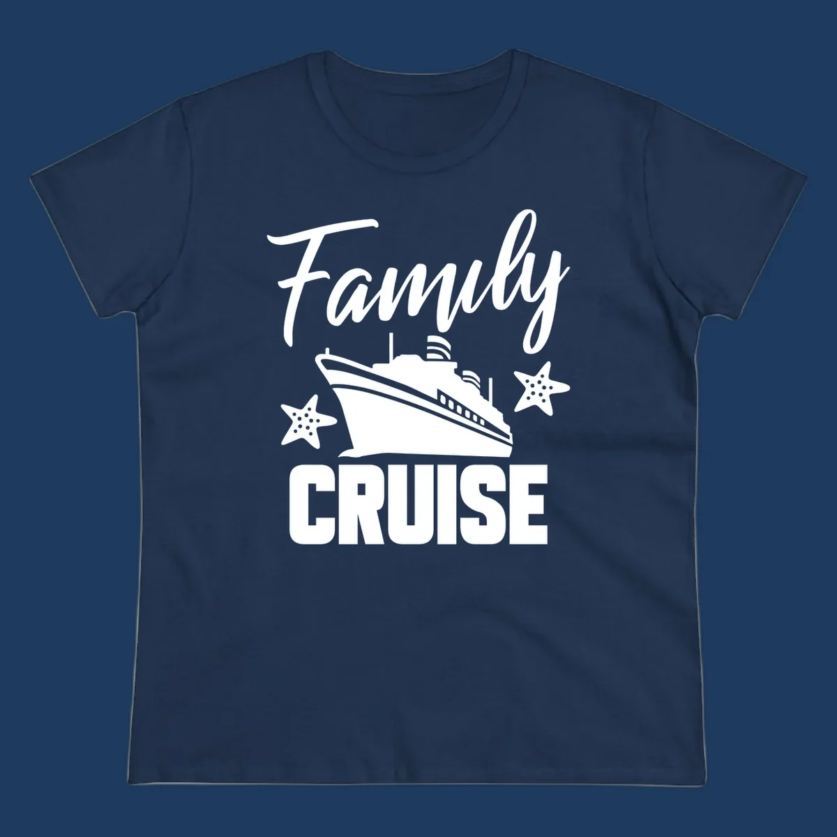 Family cruise ship design with starfish and ocean liner illustration in white on gray background