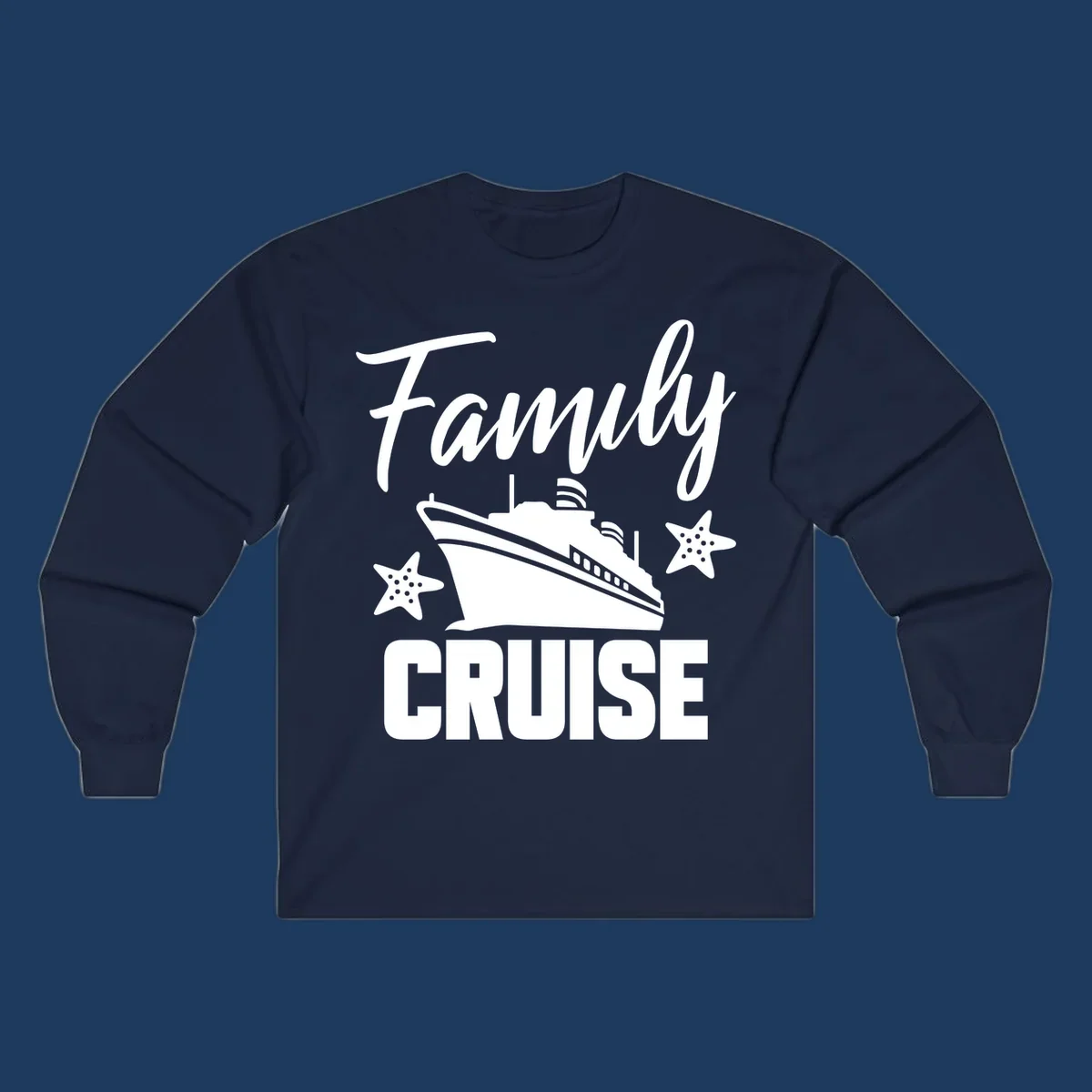 Family cruise ship design with starfish and ocean liner illustration in white on gray background