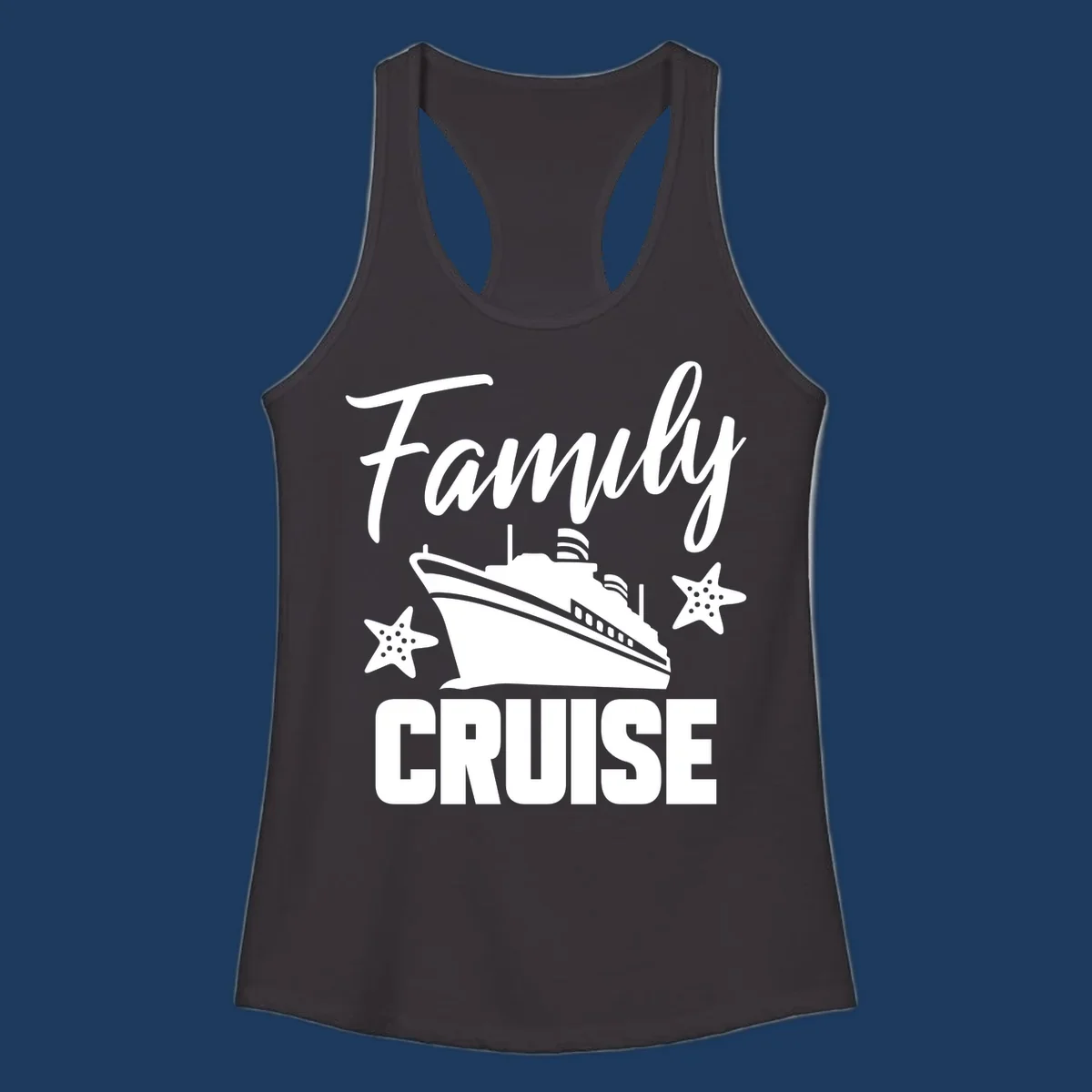Family cruise ship design with starfish and ocean liner illustration in white on gray background