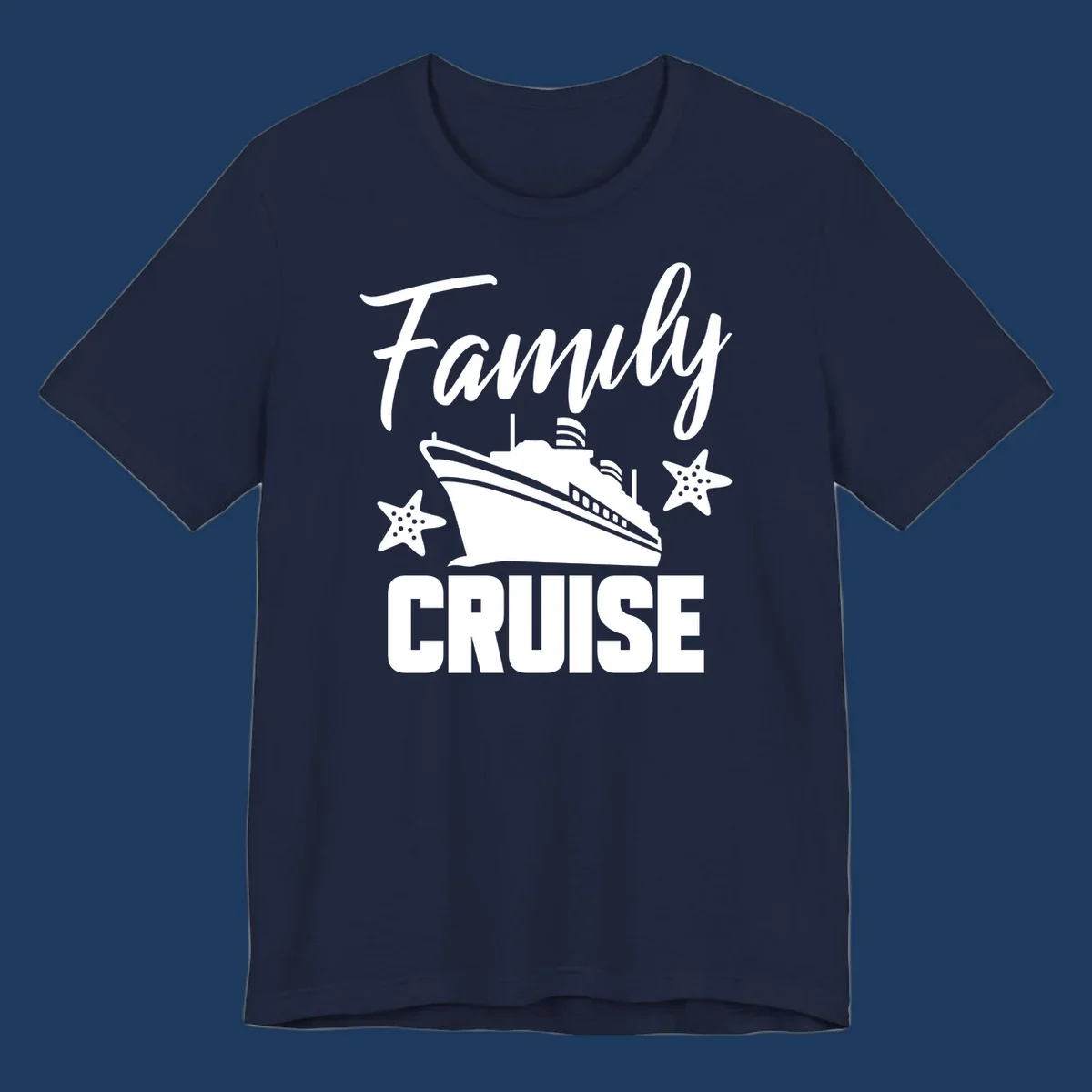 Family cruise ship design with starfish and ocean liner illustration in white on gray background