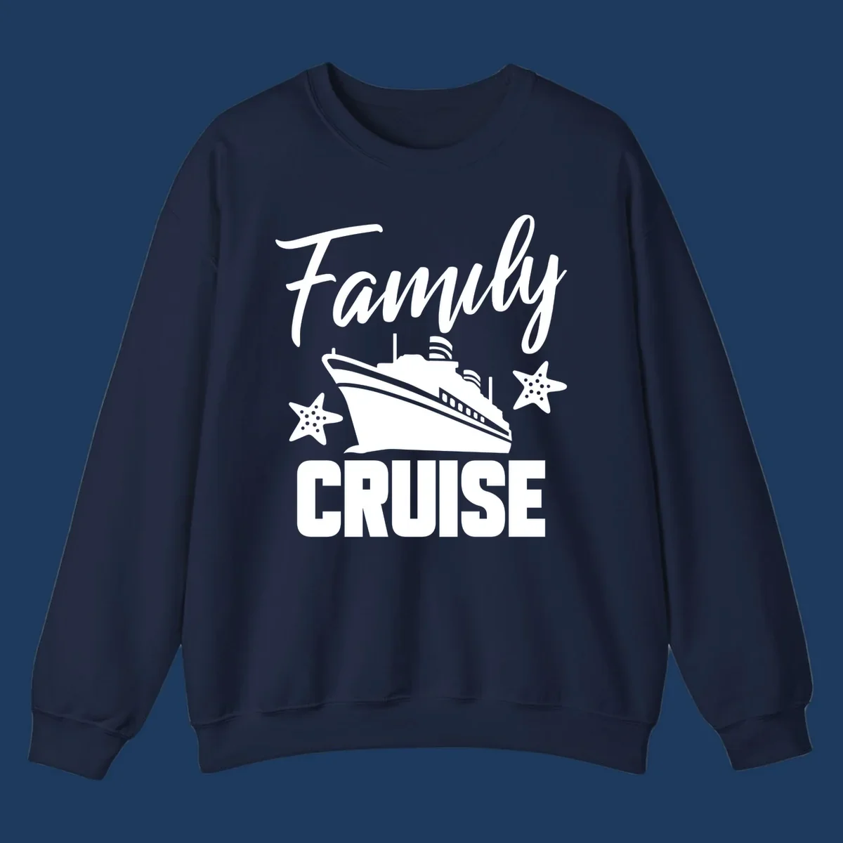 Family cruise ship design with starfish and ocean liner illustration in white on gray background