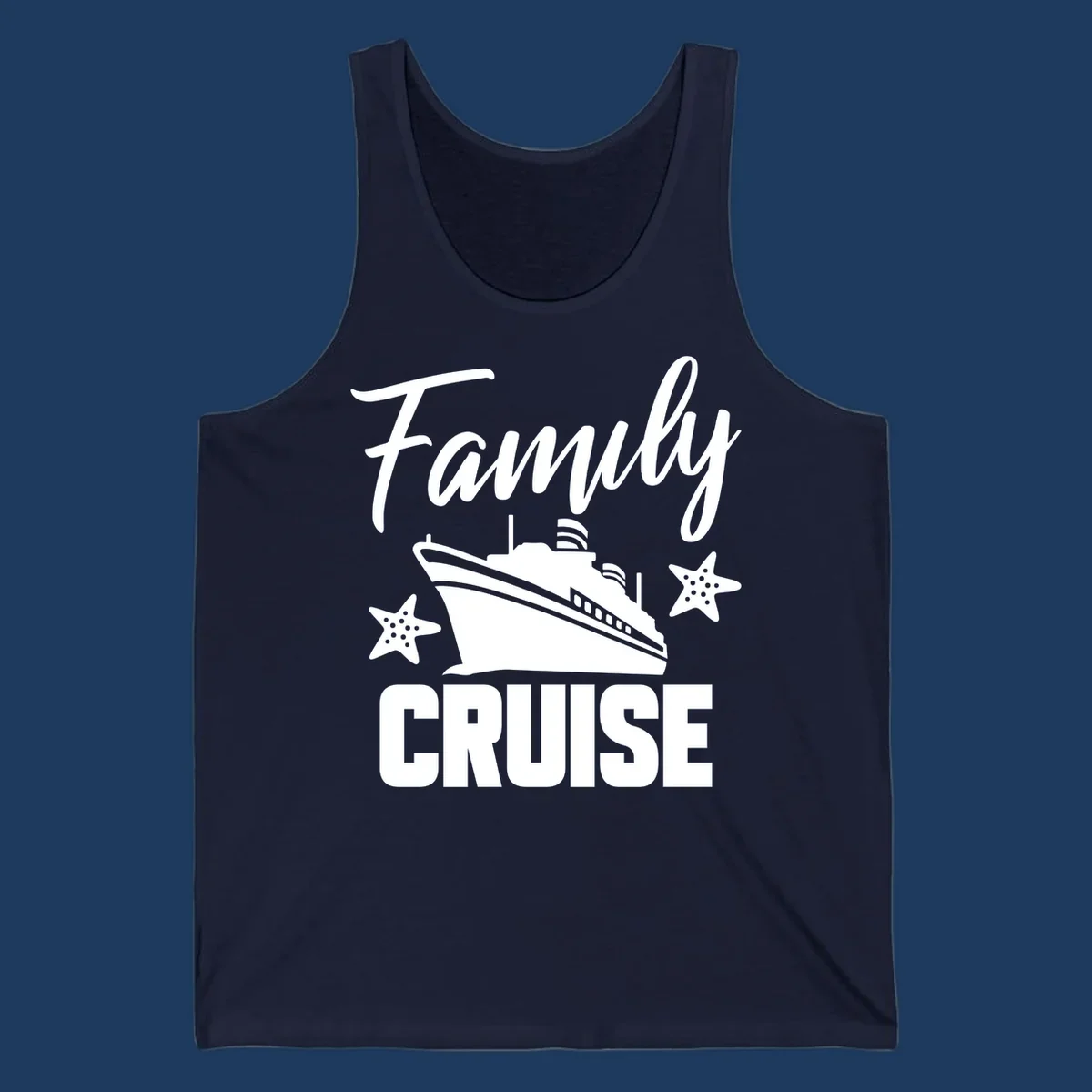 Family cruise ship design with starfish and ocean liner illustration in white on gray background