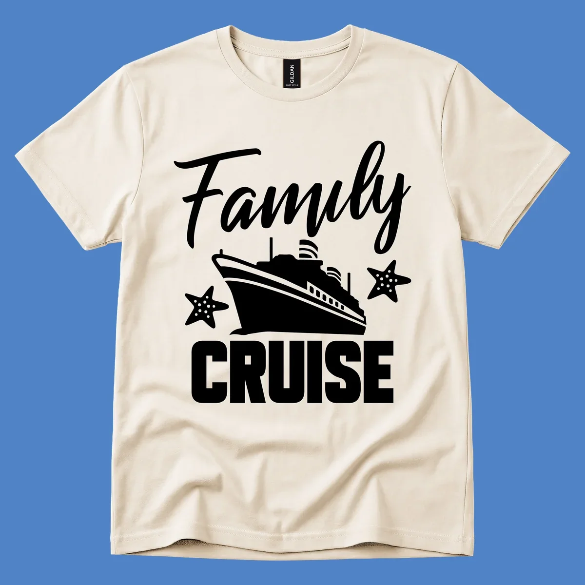 Family cruise ship design with starfish and ocean liner illustration in white on gray background